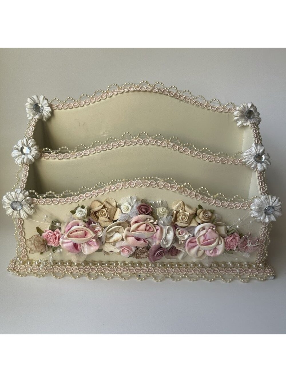 Victorian Style Floral Roses Lace Letter Mail Holder Desk Organizer Cottagecore
